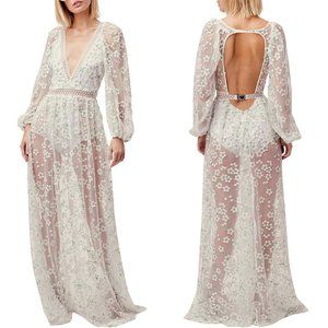 For Love & Lemons White Floral Embroidered Sheer Maxi Dress